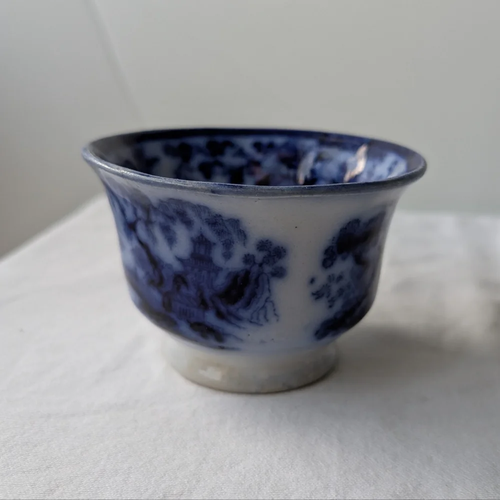 Antique J. Meir & Son England Kirkee Flow Blue Oriental Landscape Cup & Saucer